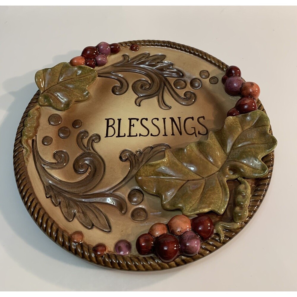 Grassland Roads 3D Blessings Plate Embossed Leaves Grapes Glossy Ceramic Decor